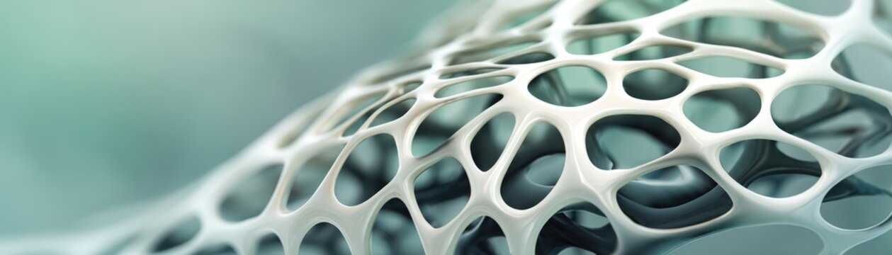 Abstract close-up of a smooth, porous organic structure with flowing curves and interconnected holes in soft blue and white tones, ai co-creator abstract background