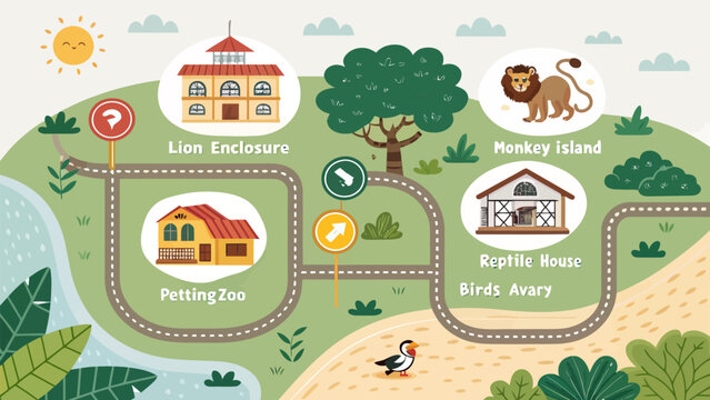 Cartoon zoo map with animal enclosures and pathways