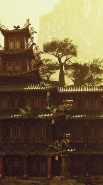 An ancient temple stands proudly against towering mountains, bathed in soft golden light. Lush greenery adorns its layered roofs, creating a serene and magical atmosphere.