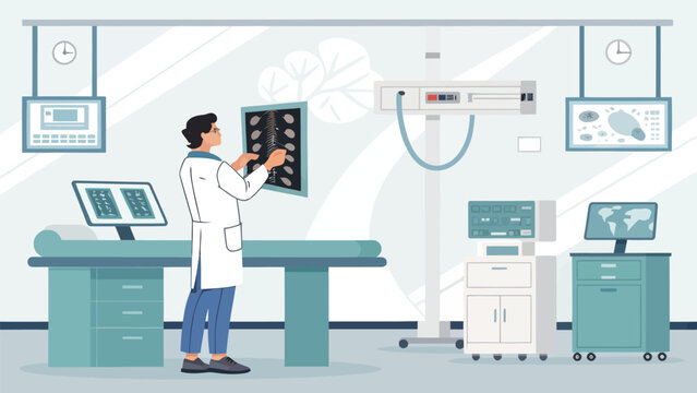 Doctor examining a spine xray in a modern medical diagnostic clinic