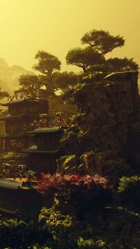 Golden light casts a warm glow over an ancient village nestled in the mountains. Lush trees and vibrant flora enhance the breathtaking scenery, inviting exploration and wonder.