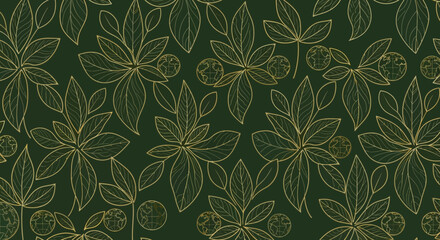 Fototapeta premium Elegant gold leaf pattern on a deep green background, showcasing a subtle and luxurious botanical design