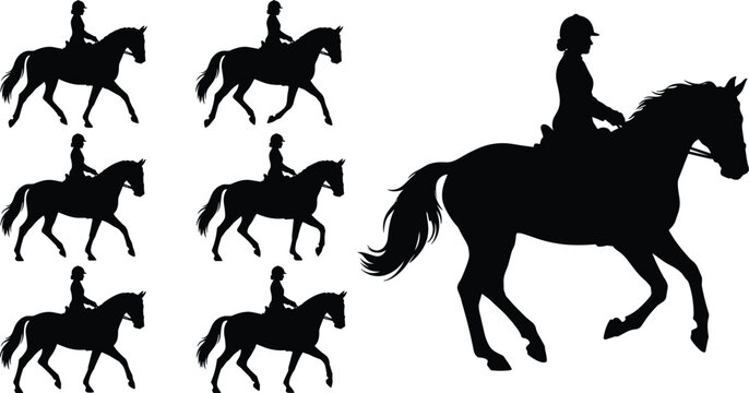 Equestrian Horse Riding Silhouette Vector Collection Featuring Large Rider Figure and Multiple Trotting and Walking Horse Poses for Sports Design and Illustration Projects