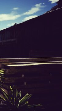 Sunlight dapples the wooden stacks resting beside lush green plants. A peaceful atmosphere fills the air, inviting a moment of calm during a warm afternoon.