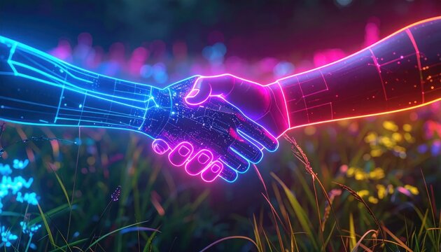 Futuristic Neon Handshake Symbolizing AI and Human Collaboration in Nature.