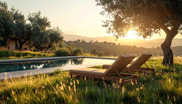 Sonnenliegen im Gr&uuml;nen an Naturpool
