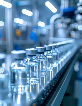 Process in pharmaceutical factory, rows of sterile glass vials, bright clinical lighting, machinery and glass, sterile and high-tech atmosphere.
