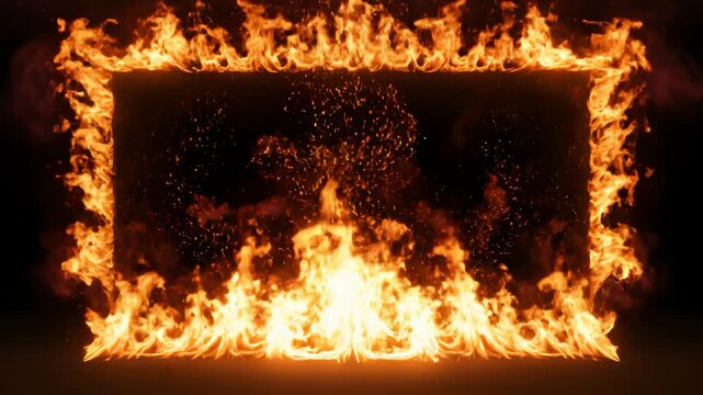 Flames forming rectangular frame highlighting geometric patterns and contemporary art