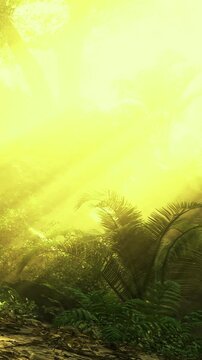 Soft golden light dances through the vibrant green leaves of the rainforest. The peaceful atmosphere captures the beauty of nature waking up on a quiet morning.