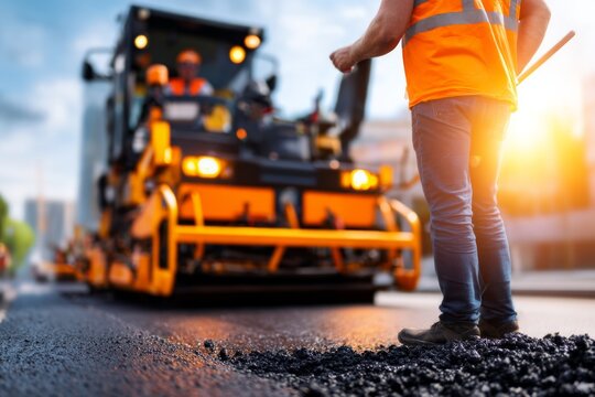 Construction Worker Operating Asphalt Resurfacing Machine in Urban Setting at Sunset