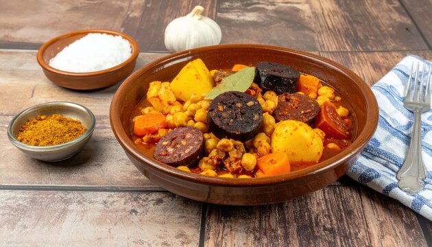 Hearty Chickpea Stew with Chorizo and Black Pudding.