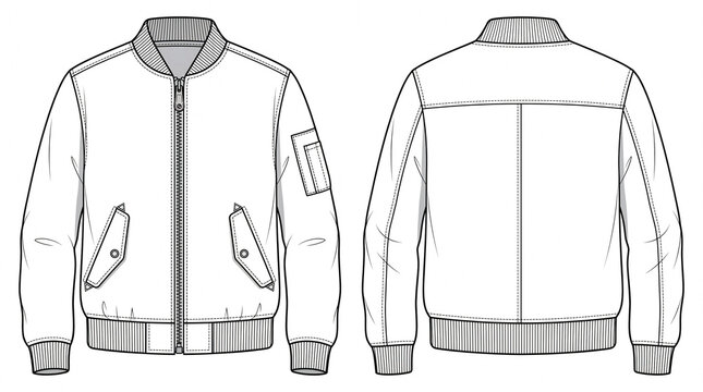 Technical Flat Fashion Illustration of Men&rsquo;s Bomber Jacket with Ribbed Cuffs, Hem, and Collar &ndash; Front and Back Orthographic Views with Zipper and Seam Details