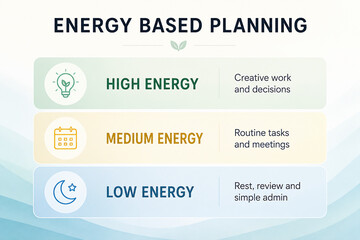 Obraz premium It depicts a visual guide to energy levels and task prioritization, categorizing work into high, medium, and low energy activities.