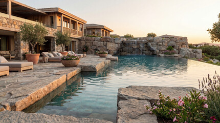 Obraz premium Clear still serene water in a private luxury villa pool blending with elegant stone design