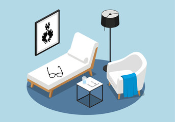 An isometric therapy office displays a white chaise lounge holding black spectacles, a Rorschach inkblot print on the wall, a tall black floor lamp, and an armchair covered by a striking blue blanket © Skyframe