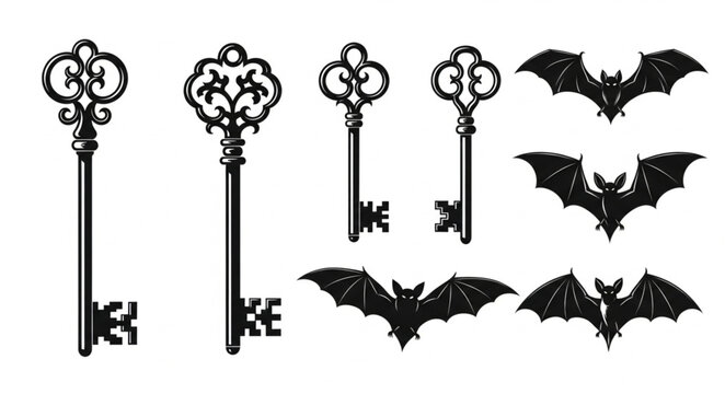 Ornate Antique Keys and Silhouette Bats Collection.