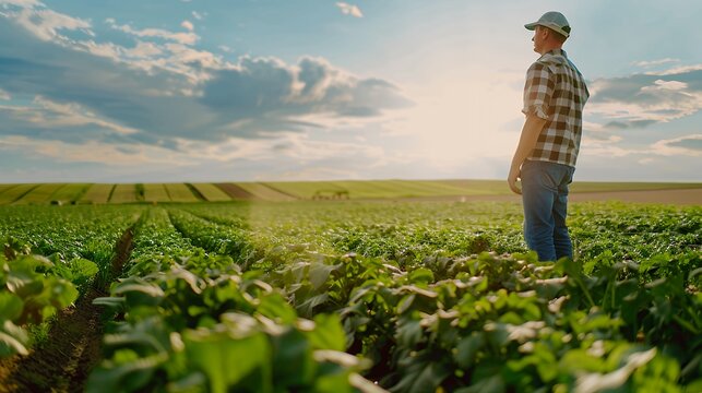 Farmer in plaid shirt inspecting healthy green leafy vegetable crop in open field during golden hour