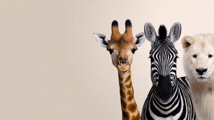 Naklejka premium A whimsical trio featuring a giraffe, zebra, and lion against a light neutral background