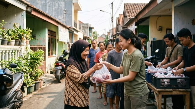 Indonesian young volunteers distributing fresh meat to an elderly woman and local community members in a vibrant village, embodying generosity and social responsibility