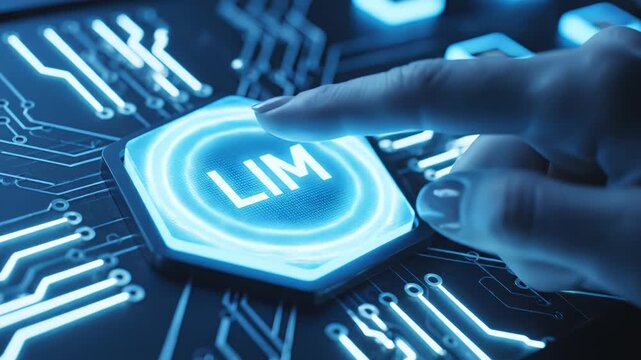 Hand pressing glowing button on circuit board for creative digital media and visual arts