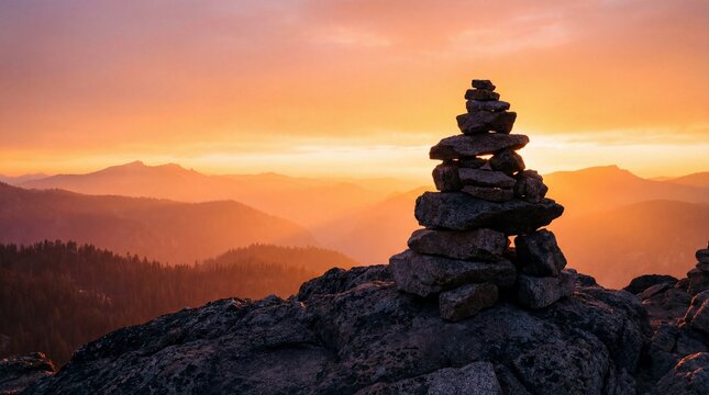 Granite Summit Cairn Silhouetted Against Tangerine Sunset Atmospheric Haze in Mountains Peaceful End of Day
