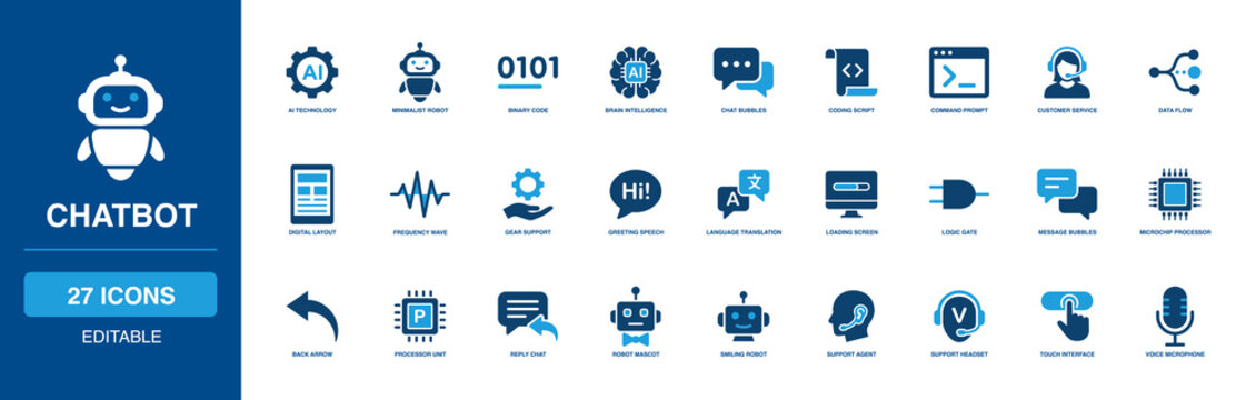 Automated Chatbot Solid Icon Set capturing smart ai technology, helpful robot mascot, quick chat bubbles, advanced microchip, deep support headset, and clear voice microphone coding digital commands.