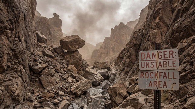 A canyon filled with razor-sharp rockfalls unstable after every tremor dangerous landscape geological hazard
