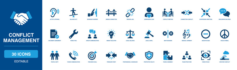 Interpersonal Conflict Management Solid Icon Set highlighting open dialogue, calm harmony, connected bridge, and quiet peace dynamics for deep team mediation and interpersonal group issue resolution.