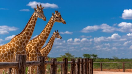 Fototapeta premium Three giraffes stand near a wooden fence under a bright blue sky with fluffy clouds