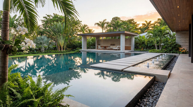Tranquil modern pool with delicate water features smooth stone accents clear reflection luxury resort design