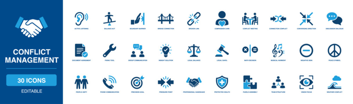 Interpersonal Conflict Management Solid Icon Set highlighting open dialogue, calm harmony, connected bridge, and quiet peace dynamics for deep team mediation and interpersonal group issue resolution.