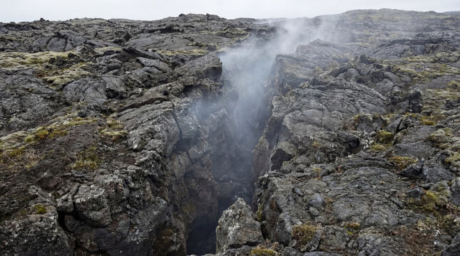 A narrow fissure in a volcanic field emitting pale odorless gas dangerous landscape hazard nature