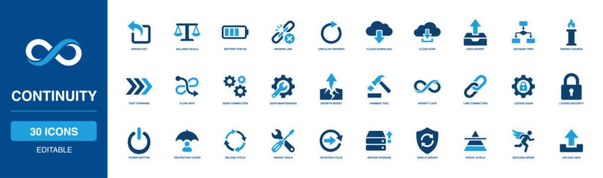Technological Continuity Solid Icon Set updating quick refresh, deep cloud, big data, busy gear, constant loop, and active power structures for reliable system maintenance flow integration paths.