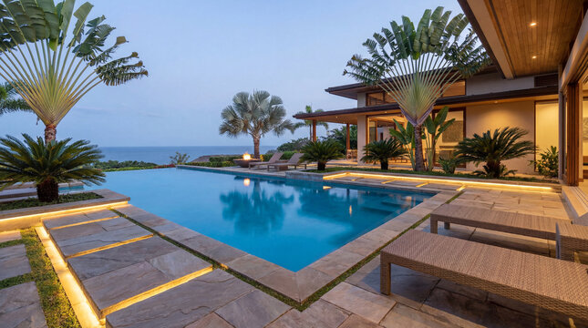 Calm blue pool in luxury villa with geometric stone deck and soft accent lighting design