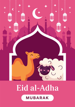 Poster celebrate eid al-adha with cute a camel and a sheep, vector illustration design
