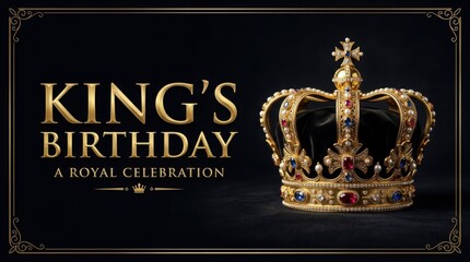 King's Birthday royal celebration banner, golden crown with jewels on black background, elegant monarch anniversary greeting card