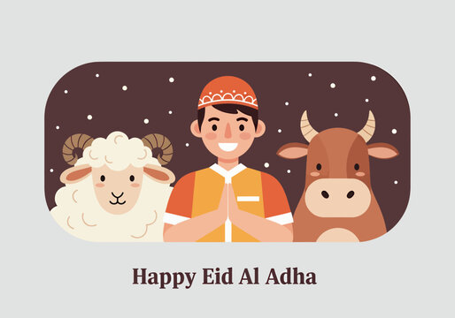 A boy with a sheep and a cow, celebrating eid al-adha mubarak, vector illustration design