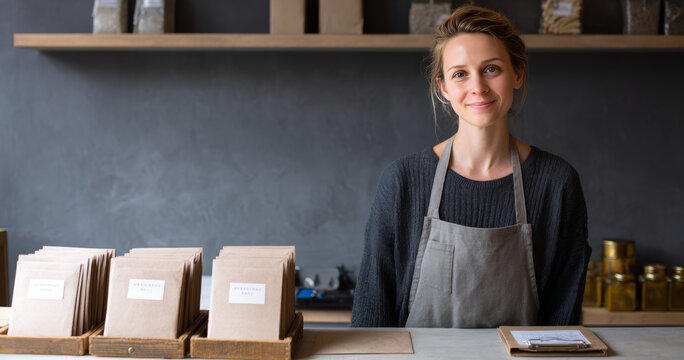 Young woman working at small shop counter