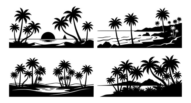 Tropical beach sunset silhouette vector illustration set featuring palm trees ocean waves and exotic paradise island scenery isolated