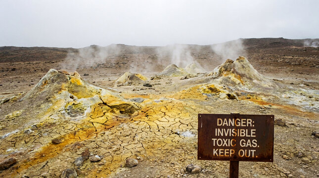 Hissing fumaroles field with each vent releasing invisible poison steam dangerous volcanic geothermal landscape hazard