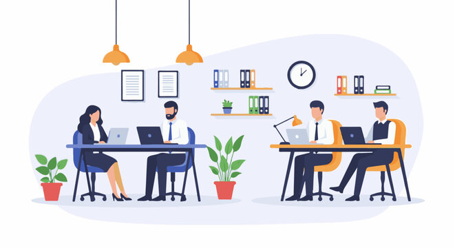 Modern office with employees working at desks, utilizing laptops and office supplies