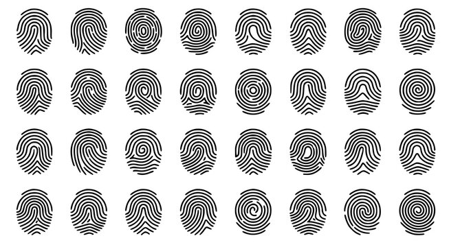 Biometric fingerprint pattern icon mega set featuring diverse textured loop designs and unique identity identification symbols isolated