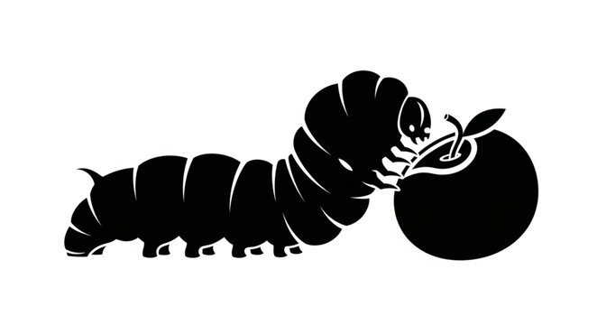 Silhouette of Caterpillar and Apple on White Background.