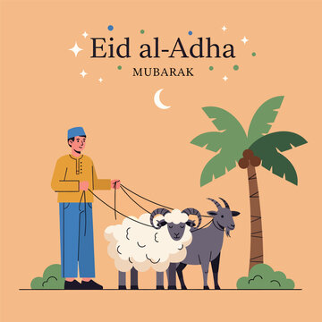 A man with a sheep and a goat, celebrating eid al-adha mubarak, vector illustration design