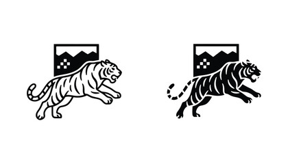 Tiger jumping over mountain landscape icon set featuring wild cat predator silhouette in outline and solid black vector art © Chris