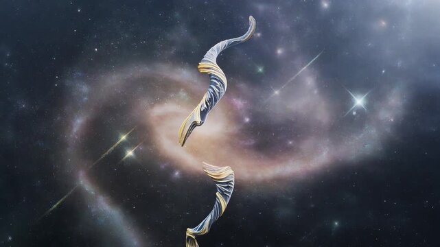Abstract cosmic bow and arrow spinning in nebula with stars