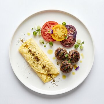 Breakfast Plate with Za Atar Omelette Lamb Kofta Bites Heirloom Tomatoes Cucumber Slices Fresh Herbs