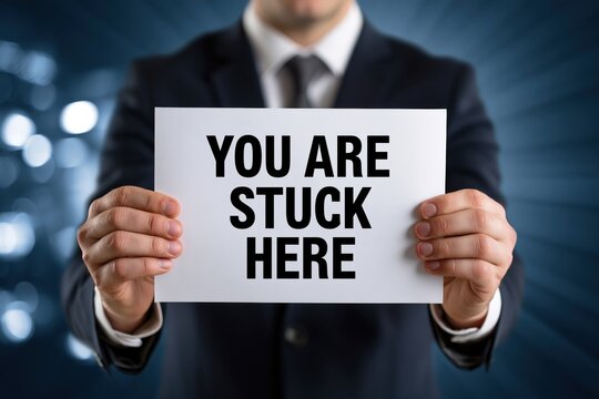 Businessman Holding a Confronting You Are Stuck Here Sign