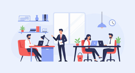 Fototapeta premium Modern office scene with individuals working at desks and a person presenting