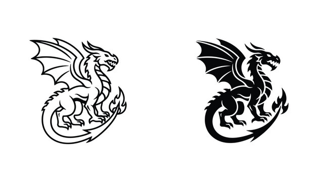 Dragon mythical creature icon set in outline and solid styles representing fantasy legends magical beast and heraldic symbolism for creative branding and gaming character design assets